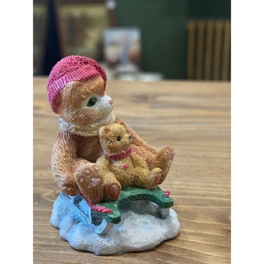 Calico Kittens Hold On To Friendship Figurine‎ Cat Teddy Bear Sled 1994